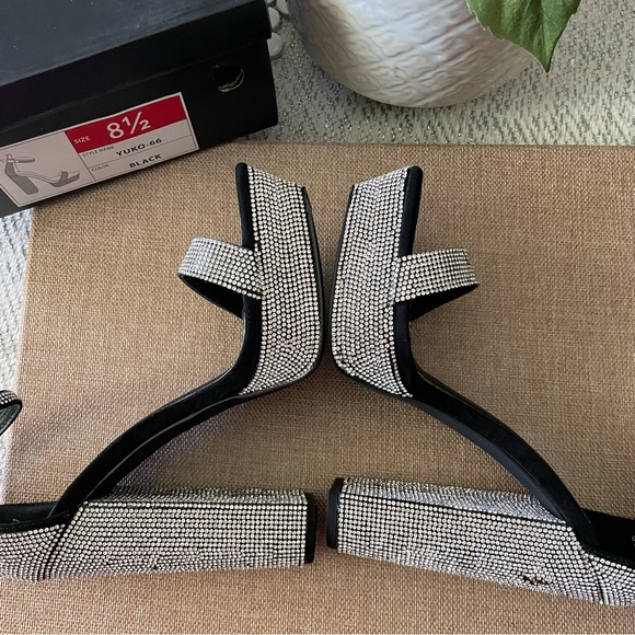 Black Rhinestones Shoes 8.5, black open toe chunky block platform heels - Picture 5 of 11